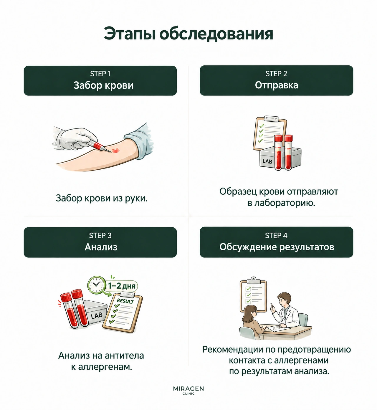 Этапы исследования: забор крови, отправка в лабораторию, анализ антител и сообщение результата