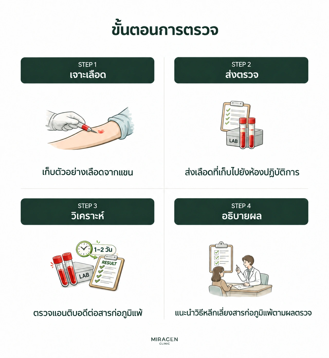 ภาพอินโฟกราฟิกสี่ขั้นตอนการตรวจ MAST ตั้งแต่เก็บเลือดจนให้คำปรึกษาผล