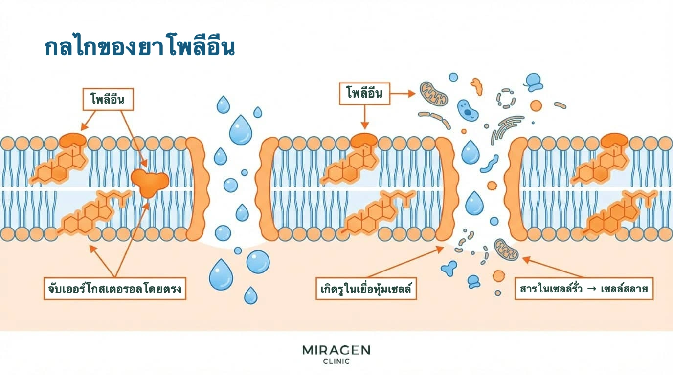 ภาพอธิบายยาต้านเชื้อรากลุ่มโพลีอีนจับเออร์โกสเตอรอลโดยตรงและทำให้เยื่อหุ้มเซลล์เป็นรู