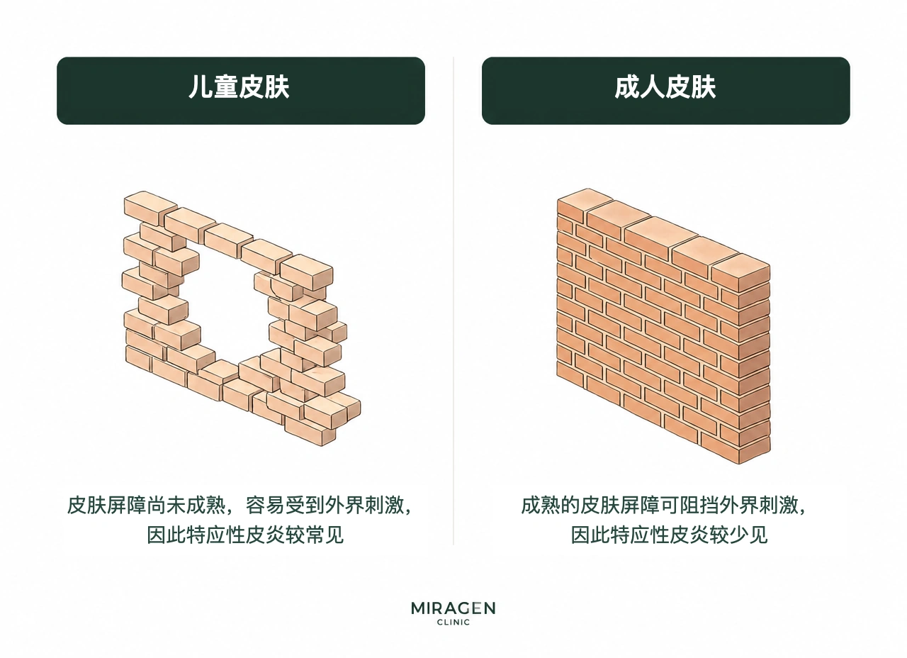 砖墙比喻的信息图比较儿童与成人皮肤屏障：儿童未成熟的屏障使刺激物容易穿过；成人较稳固的屏障可以阻挡刺激，用于说明儿童更常出现特应性皮炎