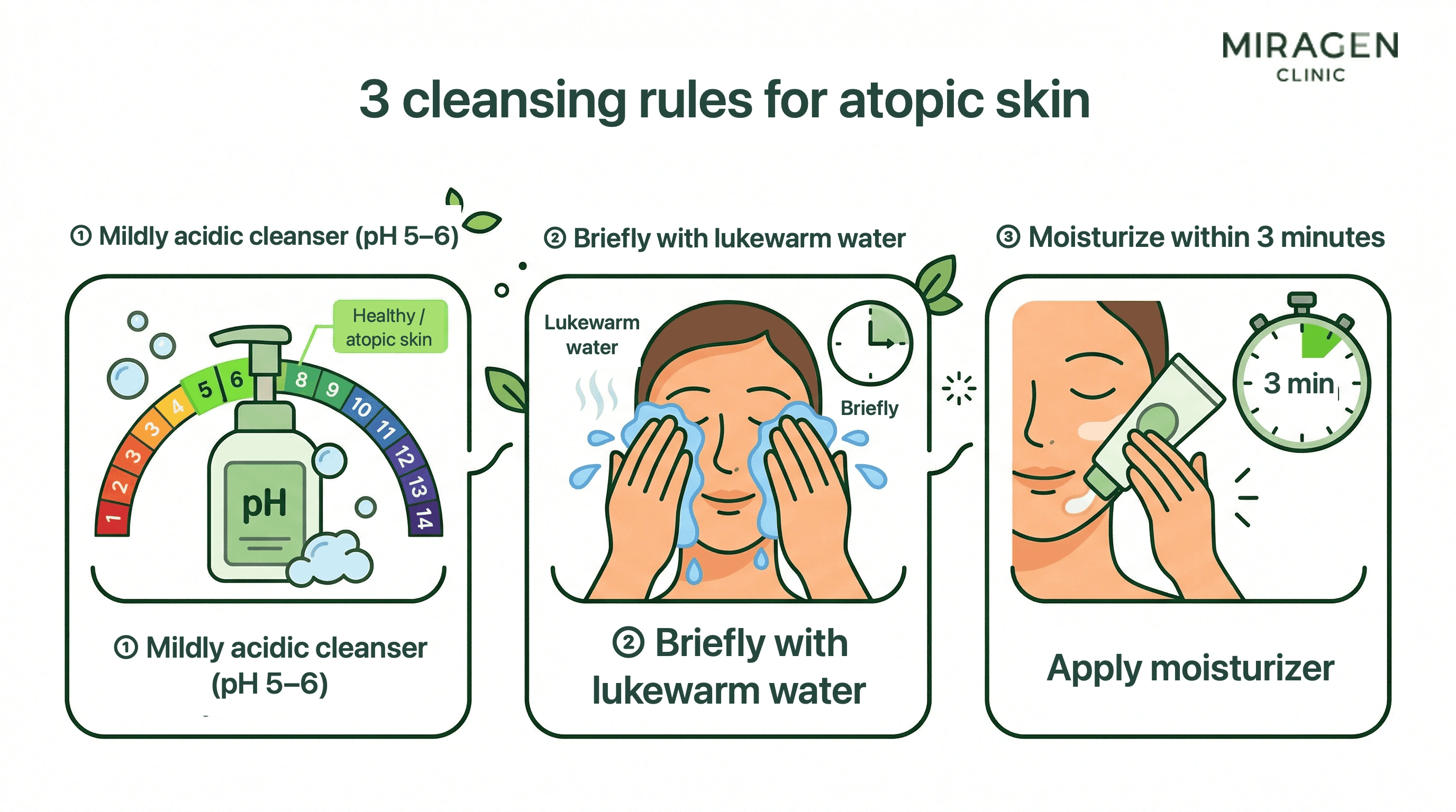 Illustration showing the three correct cleansing principles for atopic and dry skin — using a mildly acidic cleanser, rinsing briefly with lukewarm water, and applying moisturizer within 3 minutes after washing.