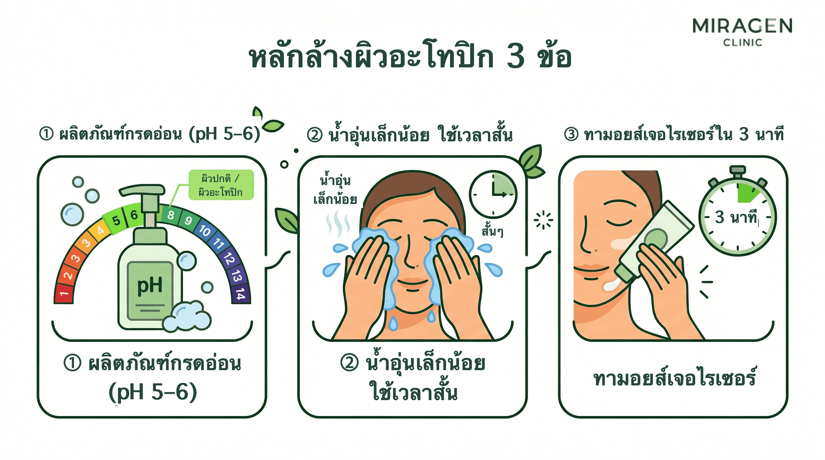 ภาพหลักการล้างผิวสามข้อสำหรับผื่นภูมิแพ้ผิวหนังและผิวแห้ง ได้แก่ ใช้ผลิตภัณฑ์ pH กรดอ่อน ล้างสั้นด้วยน้ำอุ่นพอดี และทามอยส์เจอไรเซอร์ภายใน 3 นาที