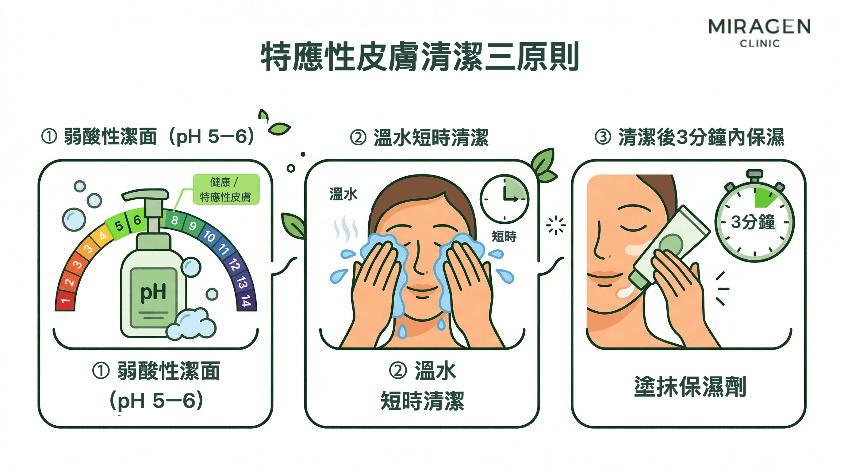 插圖展示異位性皮膚炎和乾燥皮膚的三項清潔原則:使用弱酸性清潔劑、用溫水短時間沖洗、清洗後 3 分鐘內塗保濕劑