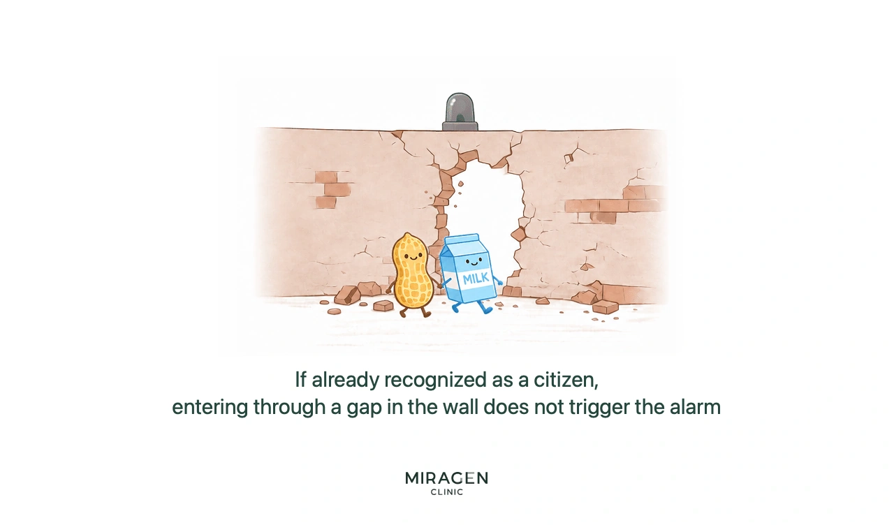 A scene where milk and peanuts, already recognized as citizens, do not trigger an immune alarm even when entering through gaps in the broken skin barrier; it metaphorically explains the cause of intrinsic atopic dermatitis that is not accompanied by allergies.