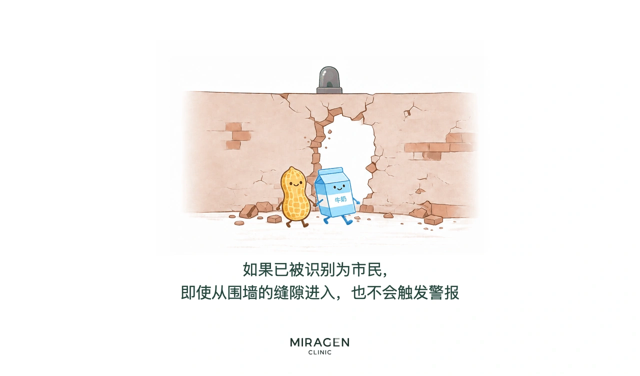 用比喻说明内源性特应性皮炎的插图：牛奶和花生已被免疫系统认作安全的市民，即使从破损皮肤屏障的裂缝进入，也没有触发免疫警报