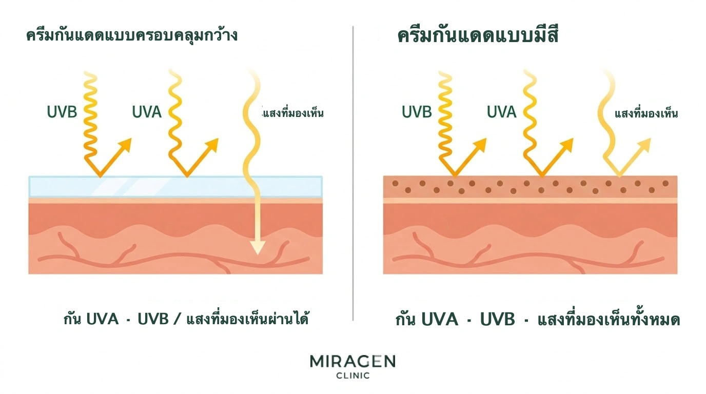 ภาพทางการแพทย์เปรียบเทียบช่วงป้องกัน UVA UVB และแสงที่มองเห็นของกันแดด broad spectrum ทั่วไปกับกันแดดแบบมีสีที่มีเหล็กออกไซด์