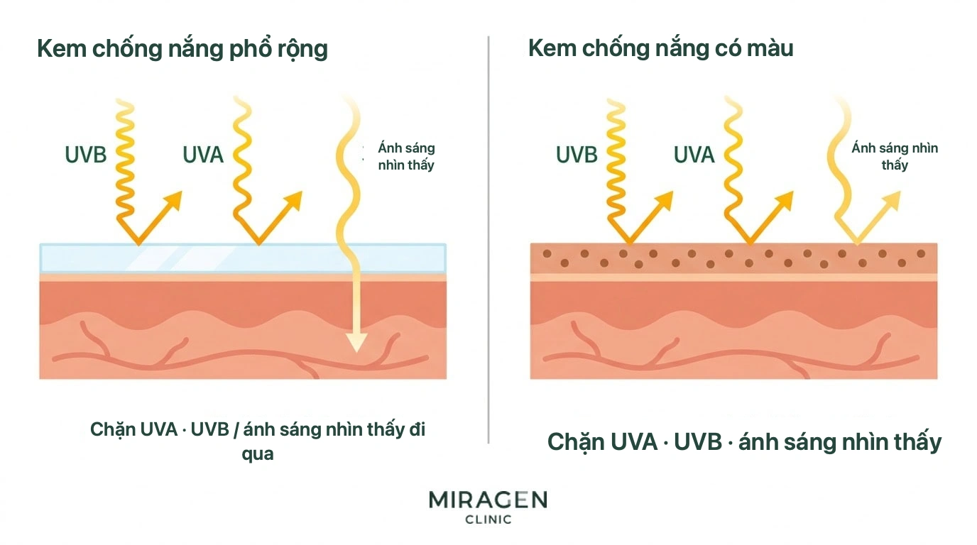 Minh họa y khoa so sánh phạm vi chống UVA, UVB và ánh sáng nhìn thấy của kem chống nắng phổ rộng thông thường với kem chống nắng có màu chứa oxit sắt