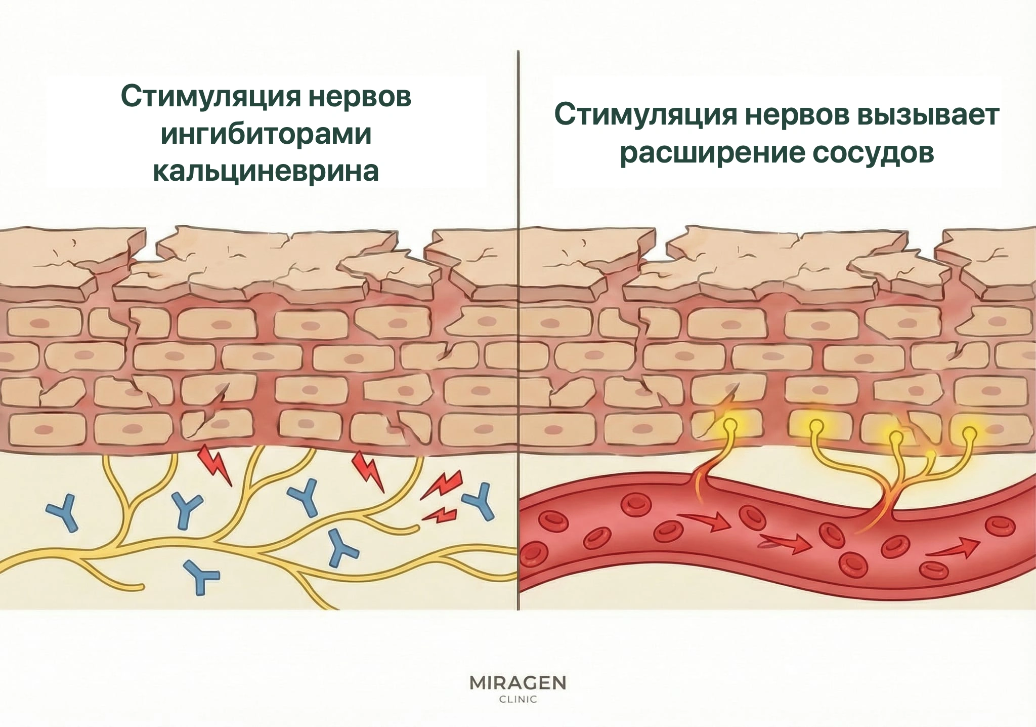 Иллюстрация показывает первоначальное жжение от Элидела или Протопика через раздражение рецептора TRPV1
