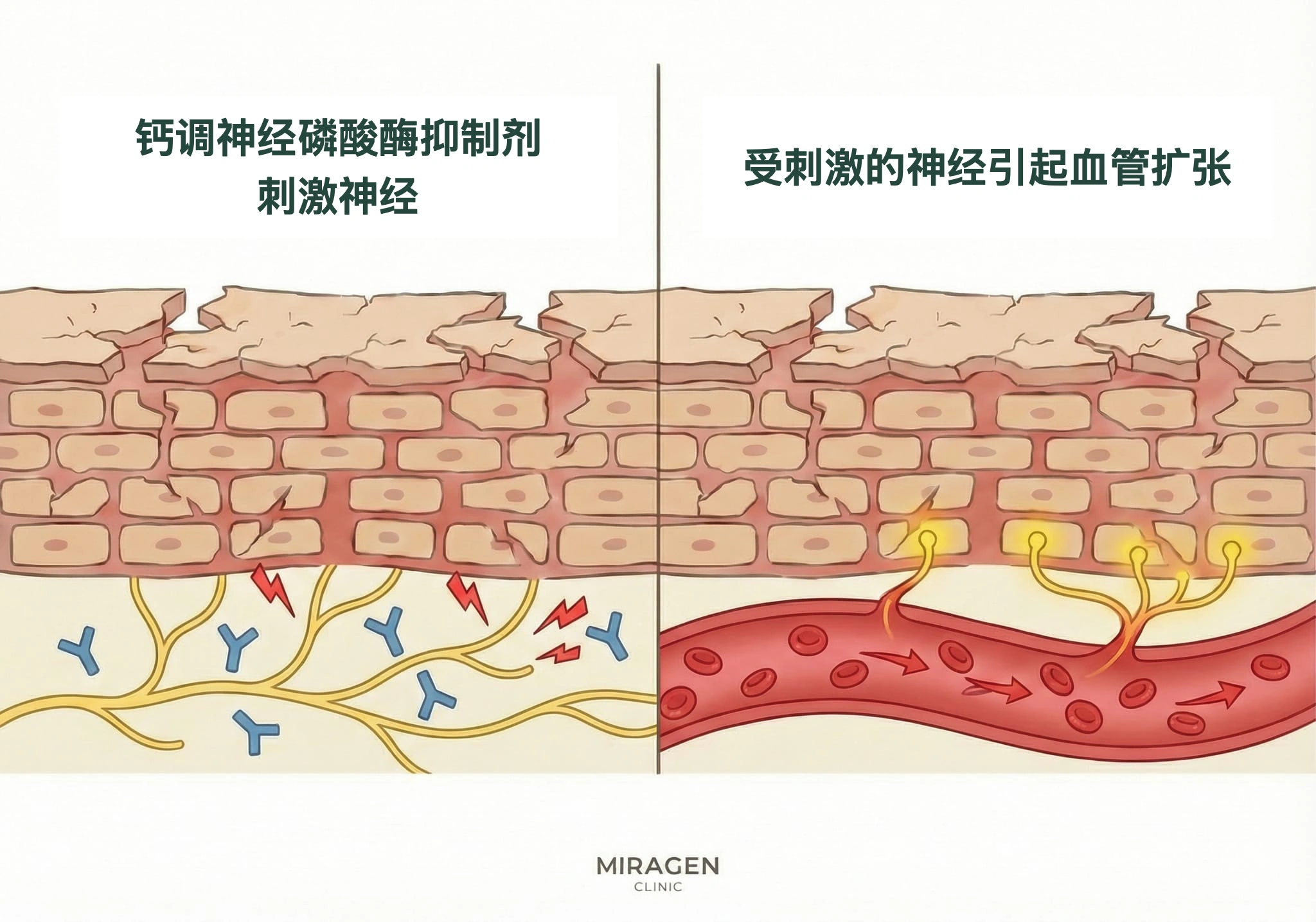 皮肤剖面插图展示涂爱宁达等钙调神经磷酸酶抑制剂后，神经受刺激、血管扩张，产生初期灼热感的过程
