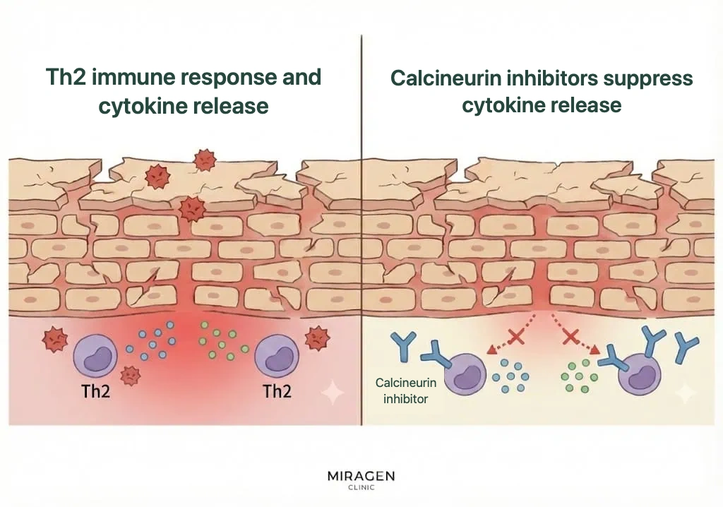 An illustration showing how calcineurin inhibitors like Elidel block the Th2 immune response in T cells to reduce inflammation