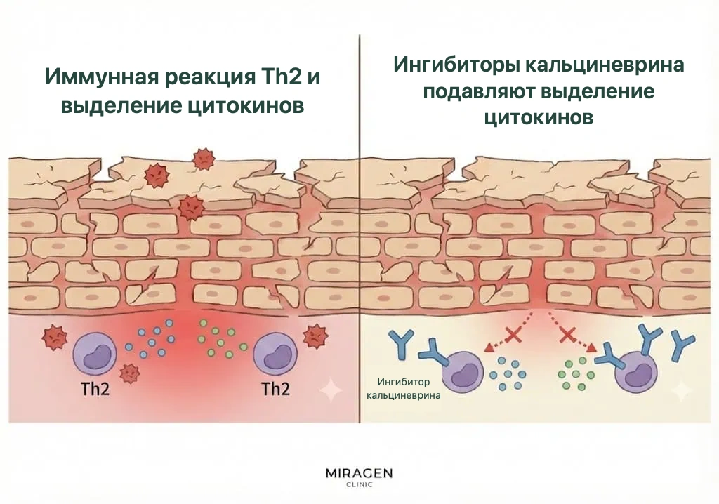 Иллюстрация показывает, как ингибиторы кальциневрина, такие как Протопик, прерывают ответ Т-клеток Th2 и уменьшают воспаление
