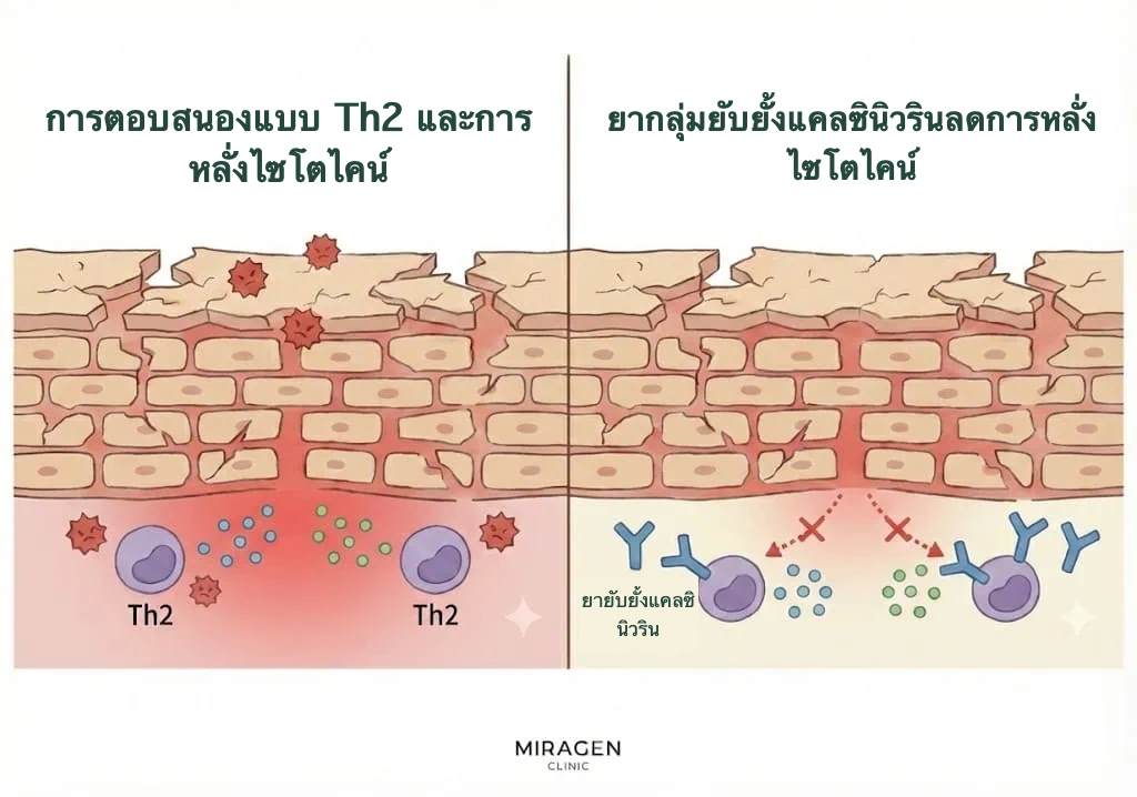ภาพแสดงยายับยั้งแคลซินิวรินอย่างเอลิเดลขัดขวางการตอบสนอง Th2 ของ T เซลล์เพื่อลดการอักเสบ