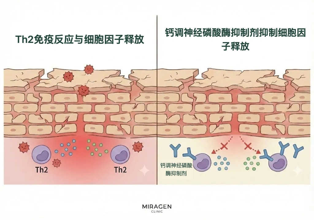插图展示爱宁达等钙调神经磷酸酶抑制剂阻断 T 细胞的 Th2 免疫反应、减轻炎症的原理