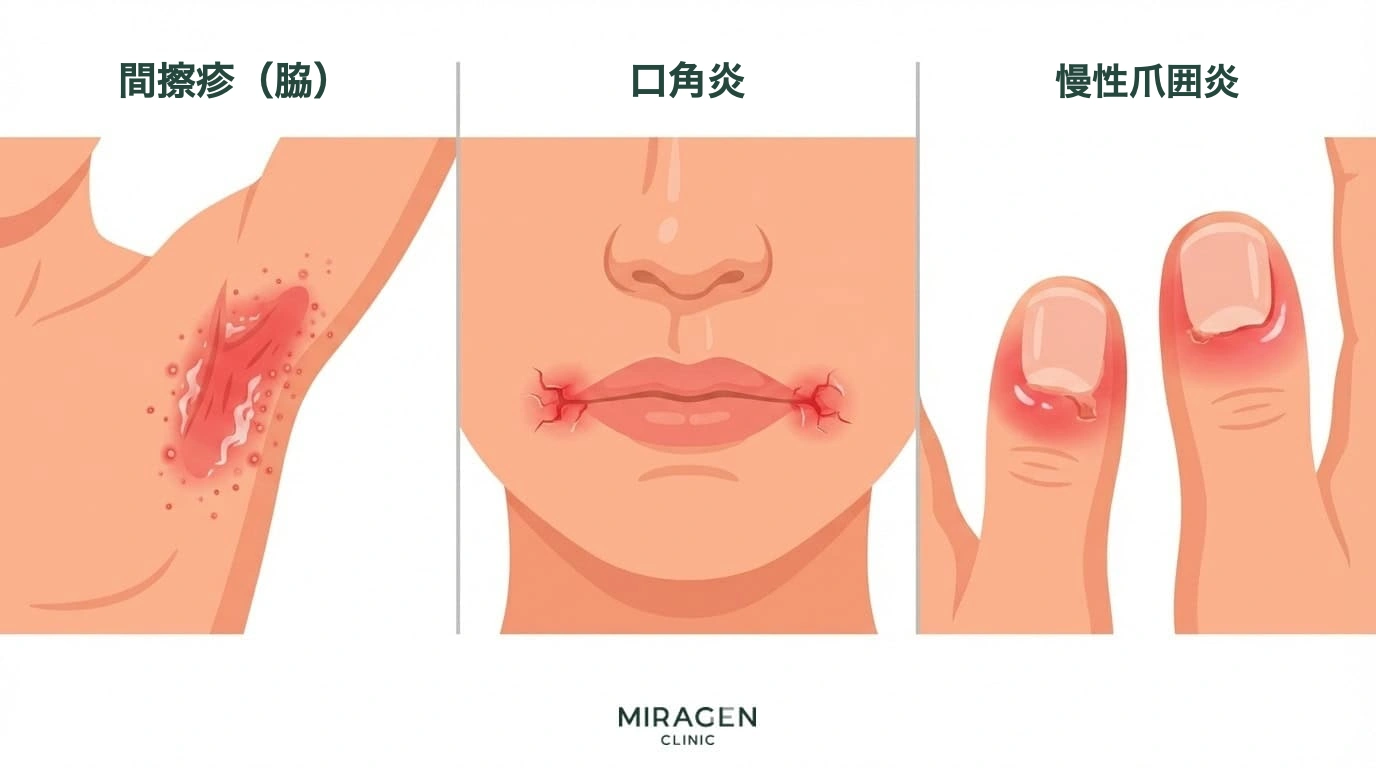 カンジダ感染症の3つの代表的な皮膚症状 — 間擦疹、口角炎、慢性爪囲炎