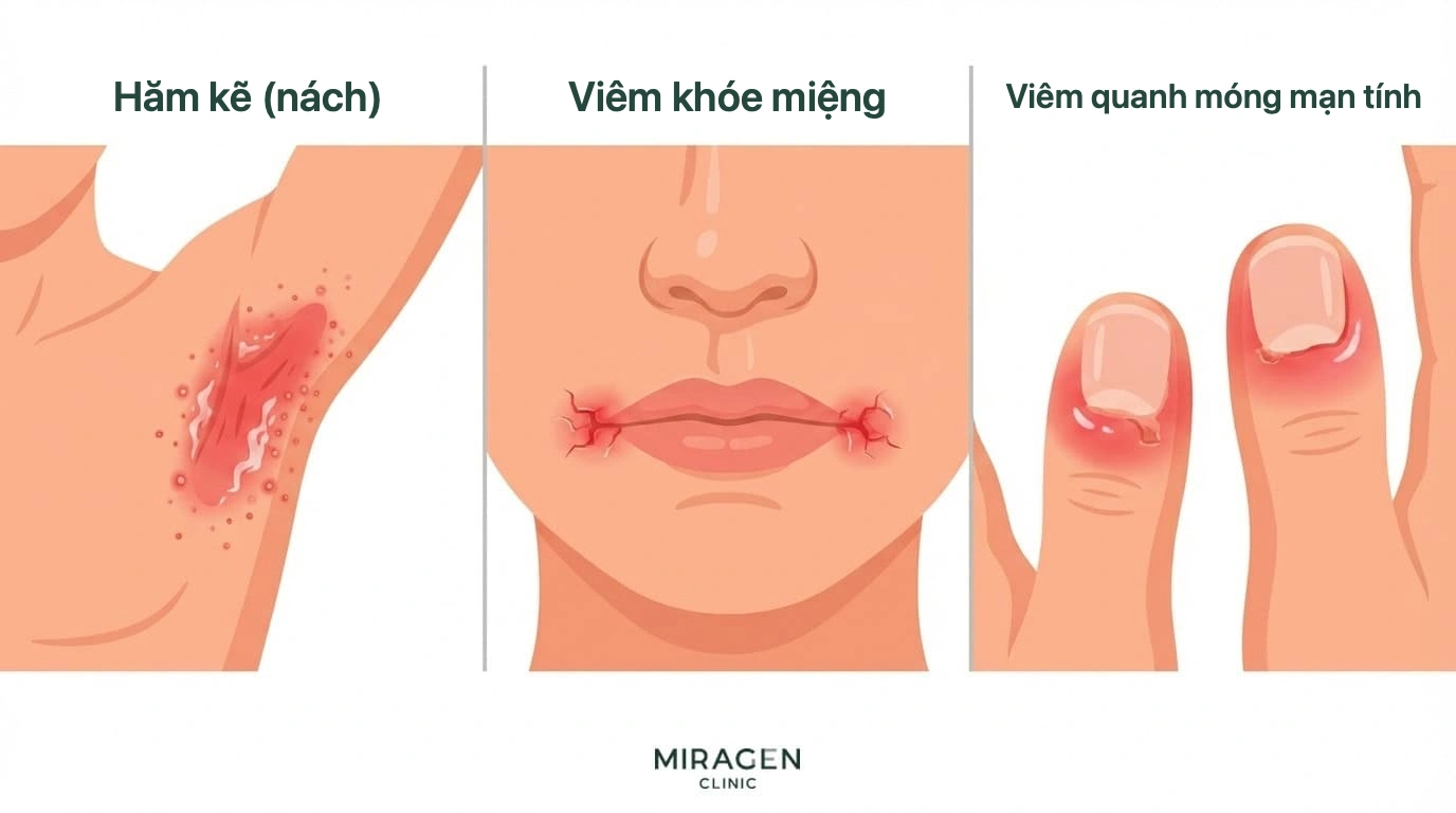 Ba biểu hiện da điển hình của Candida: viêm kẽ, viêm khóe miệng và viêm quanh móng mạn tính