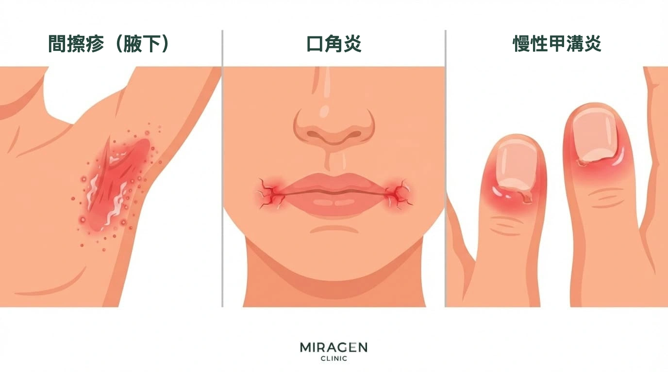 念珠菌感染的三種代表性皮膚表現：間擦疹、口角唇炎和慢性甲溝炎