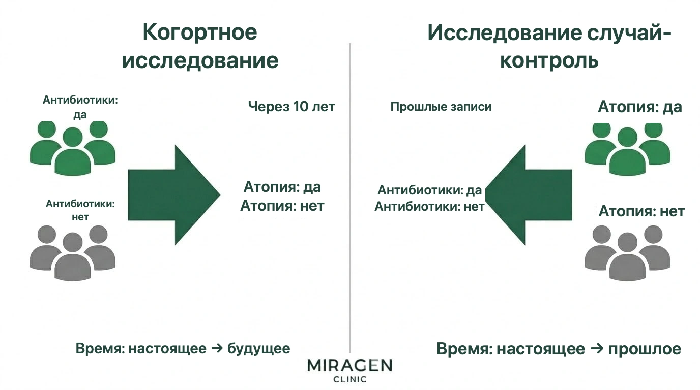 Схема на примере антибиотиков и атопии сравнивает направление времени: когорта прослеживается от настоящего к будущему, «случай — контроль» — от настоящего к прошлому