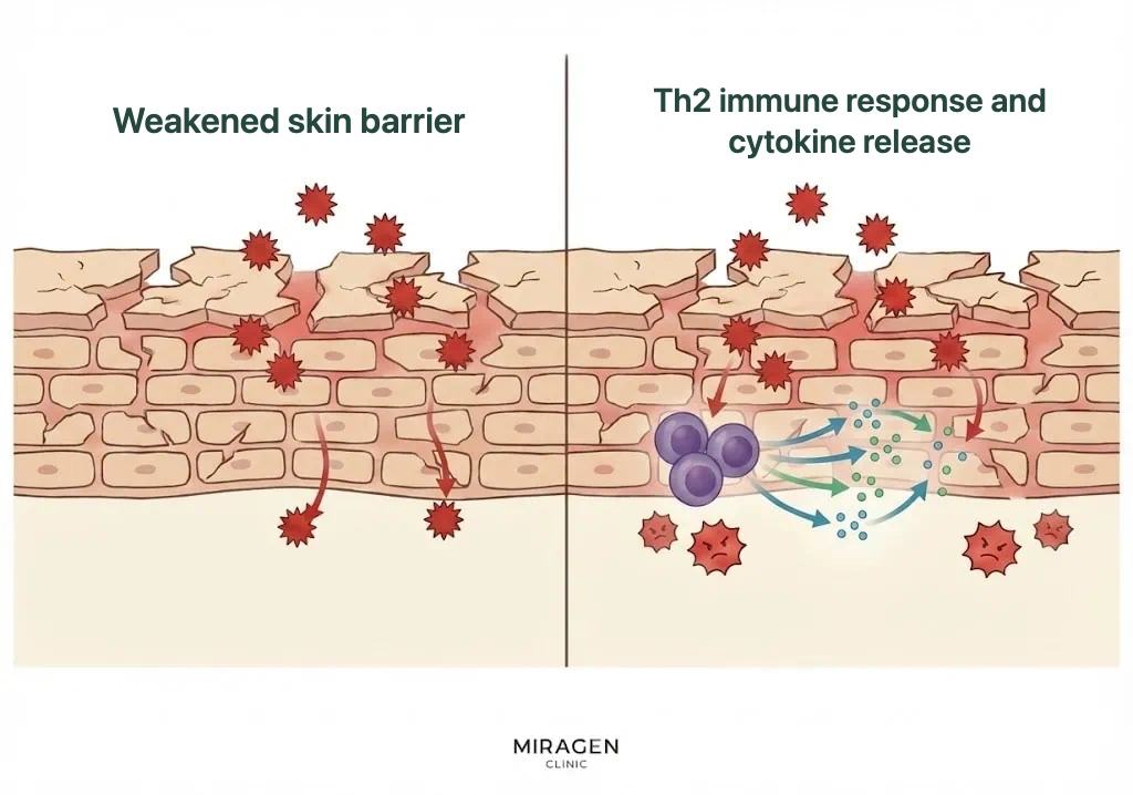 An illustration showing the process in which Th2 immune responses become overactivated after skin barrier damage in dermatitis where Elidel is used