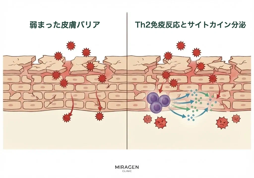 エリデルが使用される皮膚炎において、皮膚バリア損傷後にTh2免疫反応が過剰活性化されるプロセスを示したイラスト