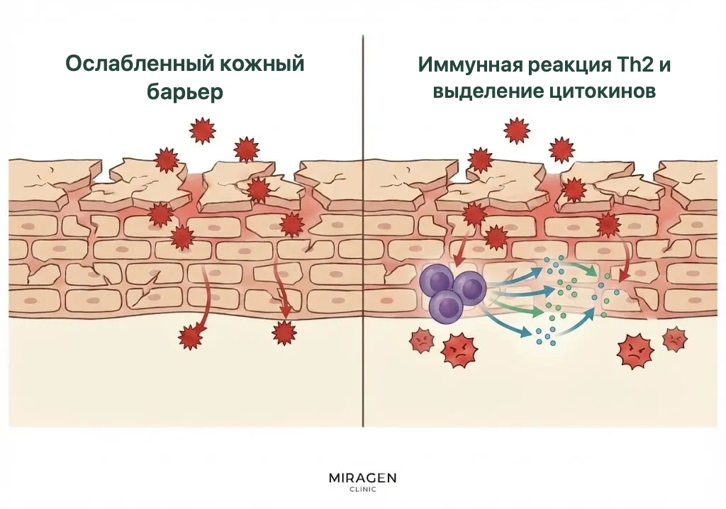 Иллюстрация показывает повреждение кожного барьера и чрезмерную активацию иммунного ответа Th2 при дерматите