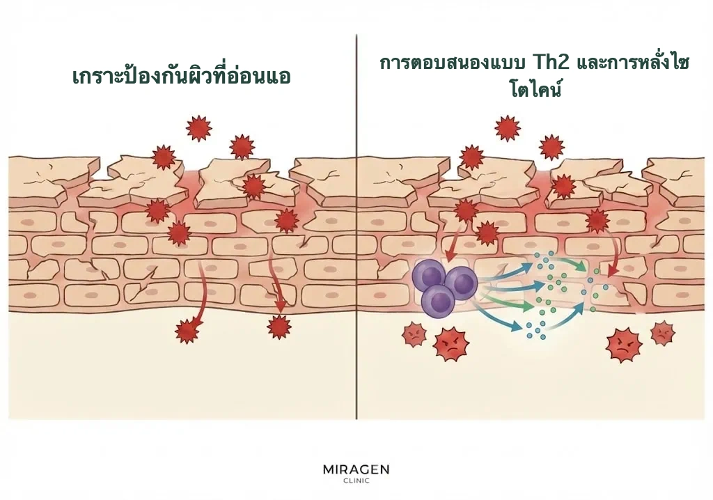 ภาพแสดงการตอบสนองภูมิคุ้มกัน Th2 ทำงานมากขึ้นหลังเกราะป้องกันผิวเสียหายในโรคผิวหนังอักเสบที่ใช้เอลิเดลรักษา