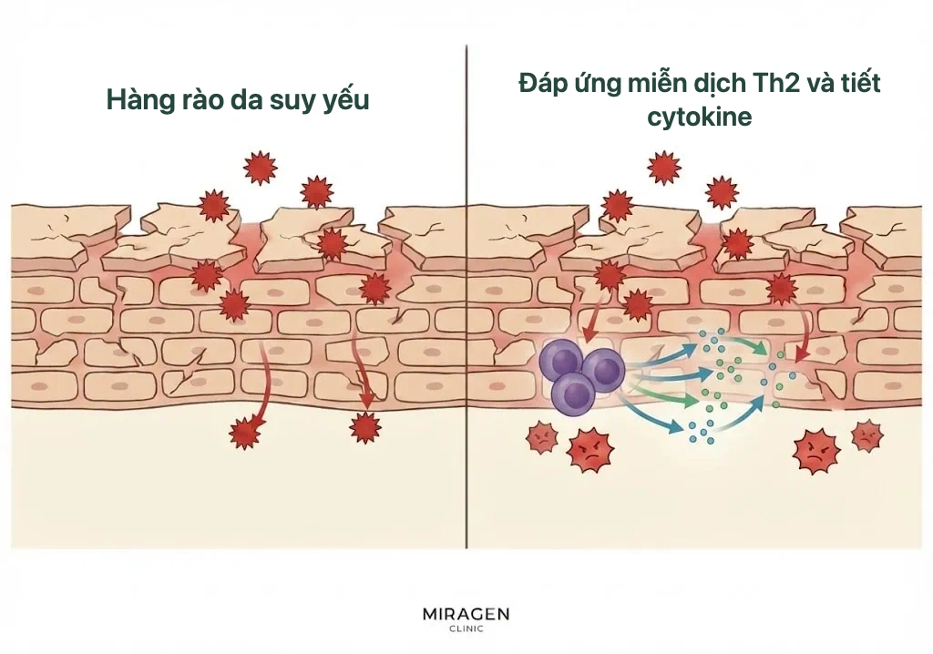 Minh họa phản ứng miễn dịch Th2 hoạt hóa quá mức sau tổn thương hàng rào da trong bệnh viêm da dùng Protopic