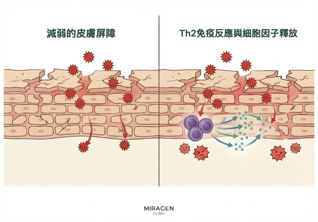 插圖展示適合使用Elidel的皮膚炎中，皮膚屏障受損後 Th2 免疫反應過度活躍的過程