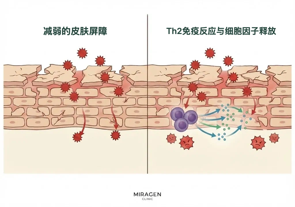 插图展示适合使用爱宁达的皮炎中，皮肤屏障受损后 Th2 免疫反应过度活跃的过程