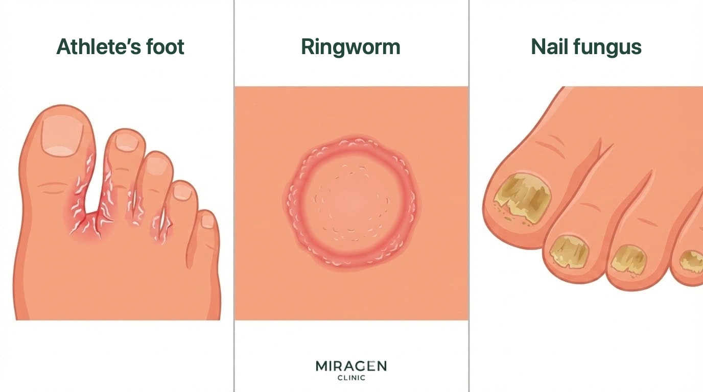 Three Typical Skin Presentations of Dermatophyte Infection — Athlete’s Foot, Ringworm, Onychomycosis
