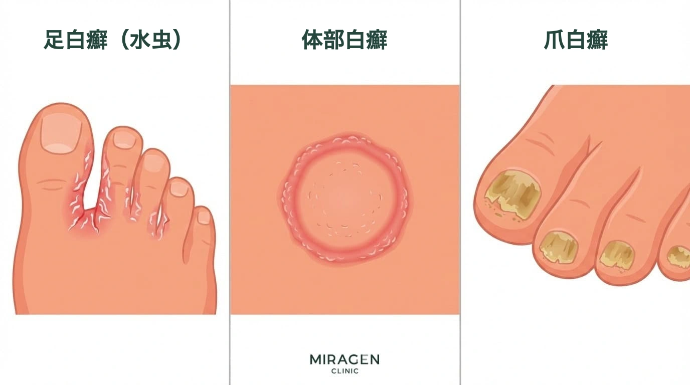 皮膚糸状菌感染症の3つの代表的な皮膚症状 — 水虫、白癬、爪水虫