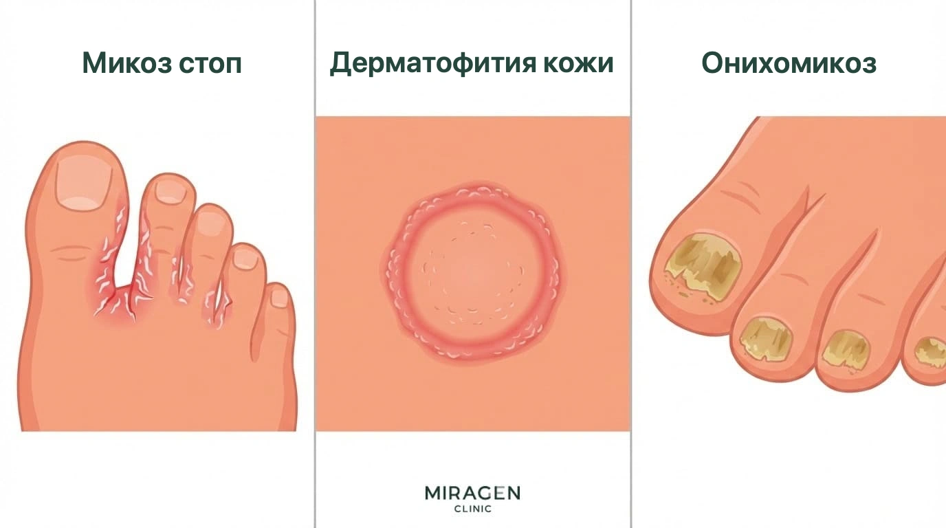 Три характерных проявления дерматофитной инфекции кожи: микоз стопы, стригущий лишай кожи и грибковое поражение ногтей