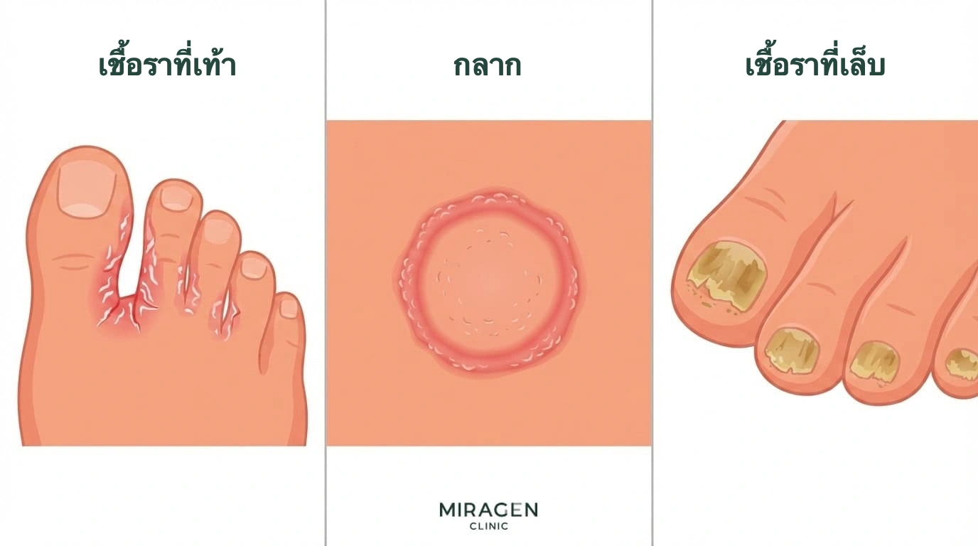 ภาพแสดงลักษณะผิวจากเชื้อเดอร์มาโตไฟต์สามแบบ ได้แก่ ฮ่องกงฟุต กลาก และเชื้อราที่เล็บ