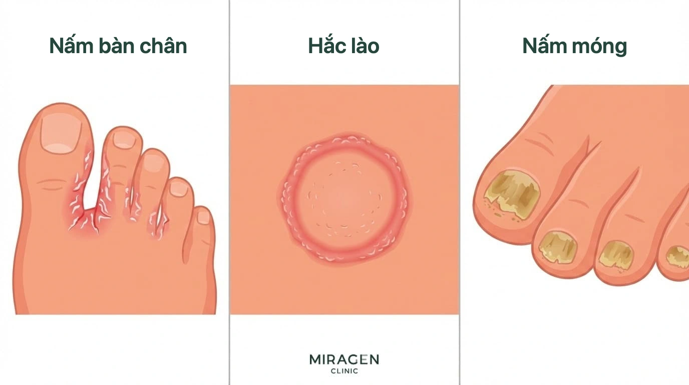Ba biểu hiện da điển hình của nhiễm dermatophyte: nấm chân, hắc lào và nấm móng