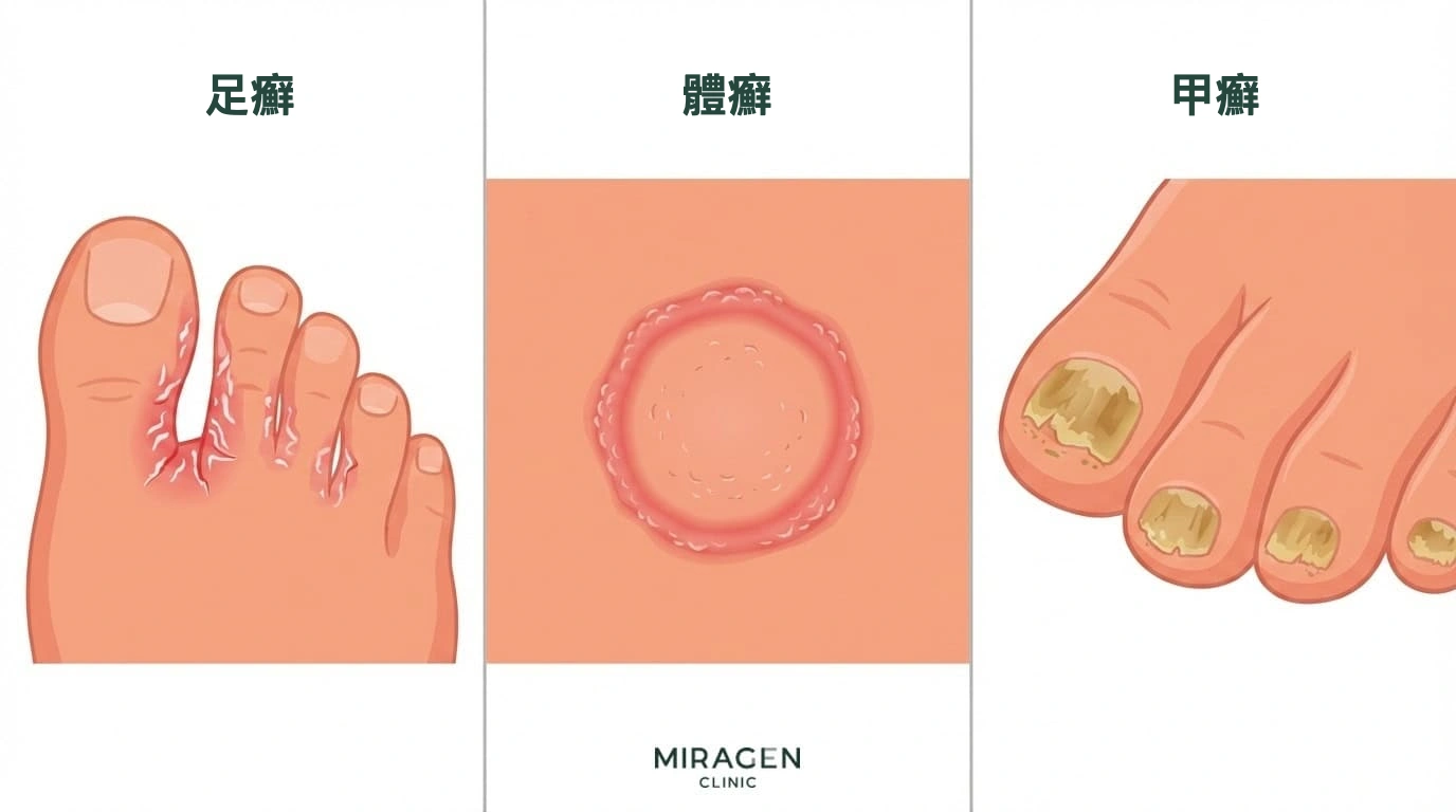 皮膚癬菌感染的三種代表性表現：足癬、體癬和甲癬