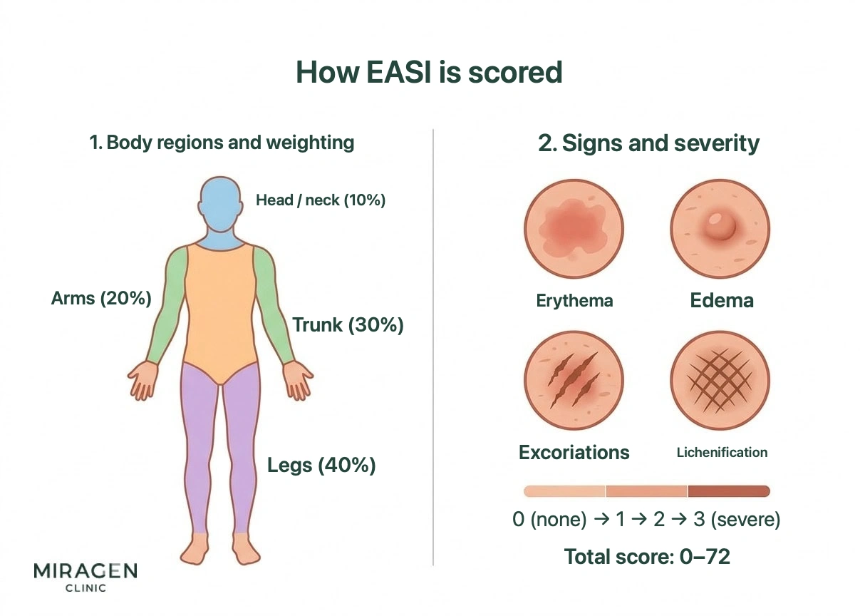 An infographic showing the EASI scoring method, illustrating the weighting for the four body areas (head/neck, arms, trunk, legs) and the four assessment items (erythema, edema, excoriation, lichenification) with their severity scales.