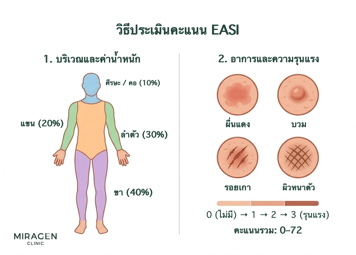 อินโฟกราฟิกวิธีให้คะแนน EASI แสดงค่าน้ำหนักของศีรษะ คอ แขน ลำตัว และขา พร้อมสี่อาการที่ประเมิน ได้แก่ ผื่นแดง บวม รอยเกา และผิวหนาตัว