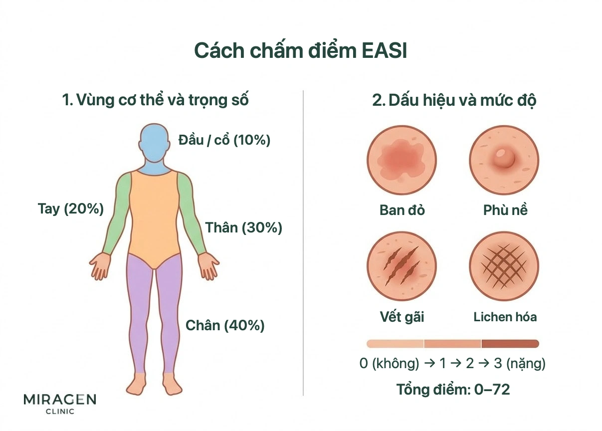 Đồ họa cách tính EASI với trọng số bốn vùng đầu cổ, tay, thân và chân, cùng bốn dấu hiệu đỏ da, phù, vết gãi, lichen hóa và thang mức độ nặng