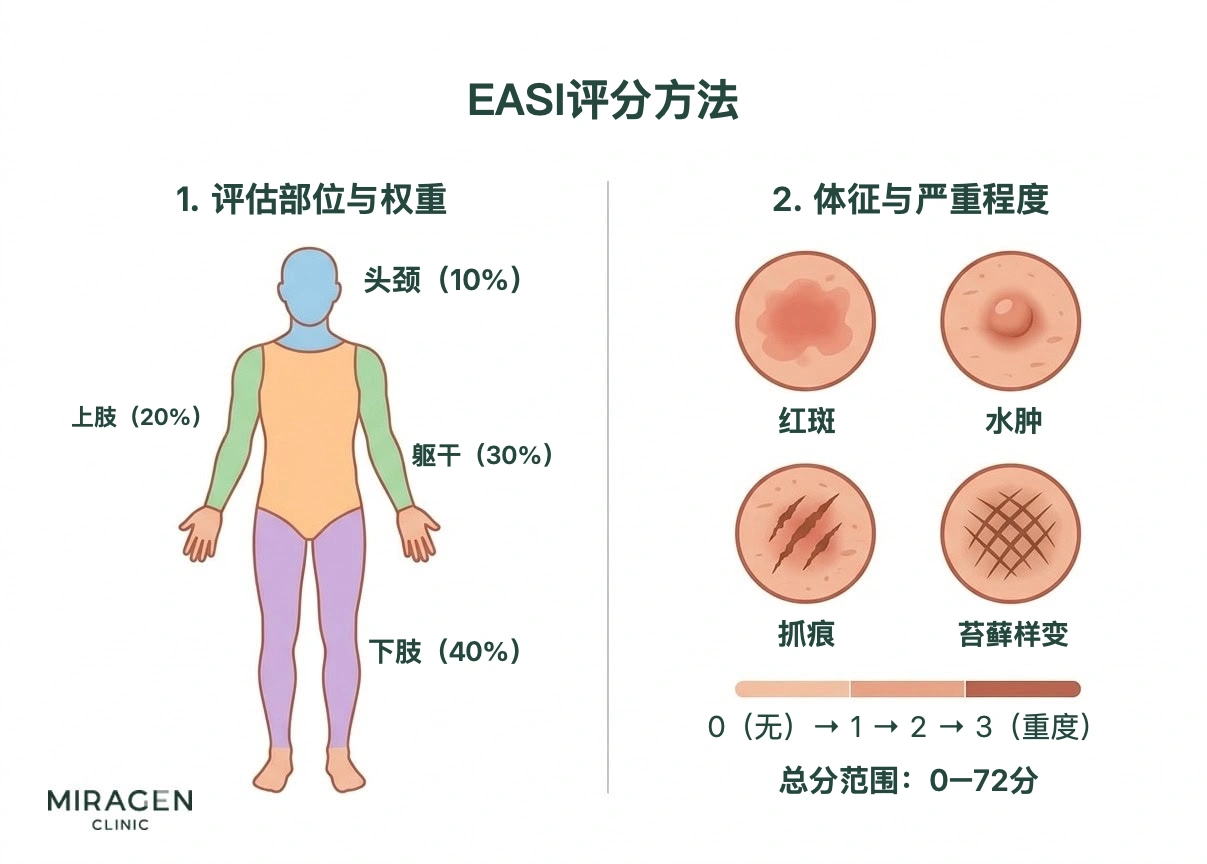 EASI 评分方法信息图,展示头颈、上肢、躯干和下肢四个部位的权重,以及红斑、水肿、抓痕、苔藓样变四项评估内容和严重程度刻度