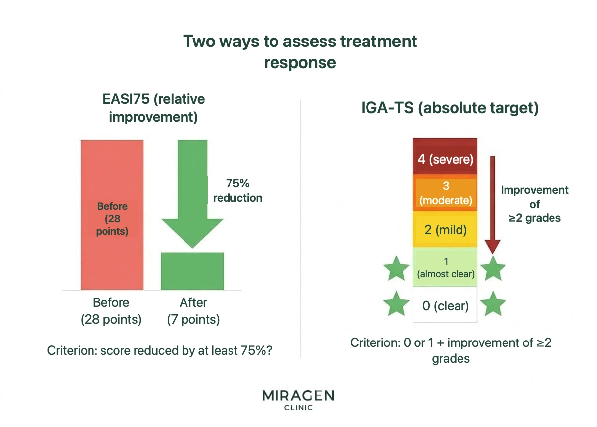 An infographic comparing EASI75 and IGA-TS treatment efficacy assessment criteria, showing EASI75 as a relative 75 percent reduction in score and IGA-TS as an absolute criterion of reaching a nearly clear state.