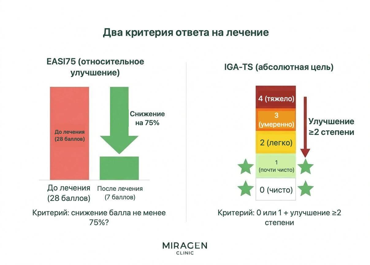 Инфографика сравнивает EASI75 как относительное снижение баллов на 75% и IGA-TS как достижение почти чистой кожи