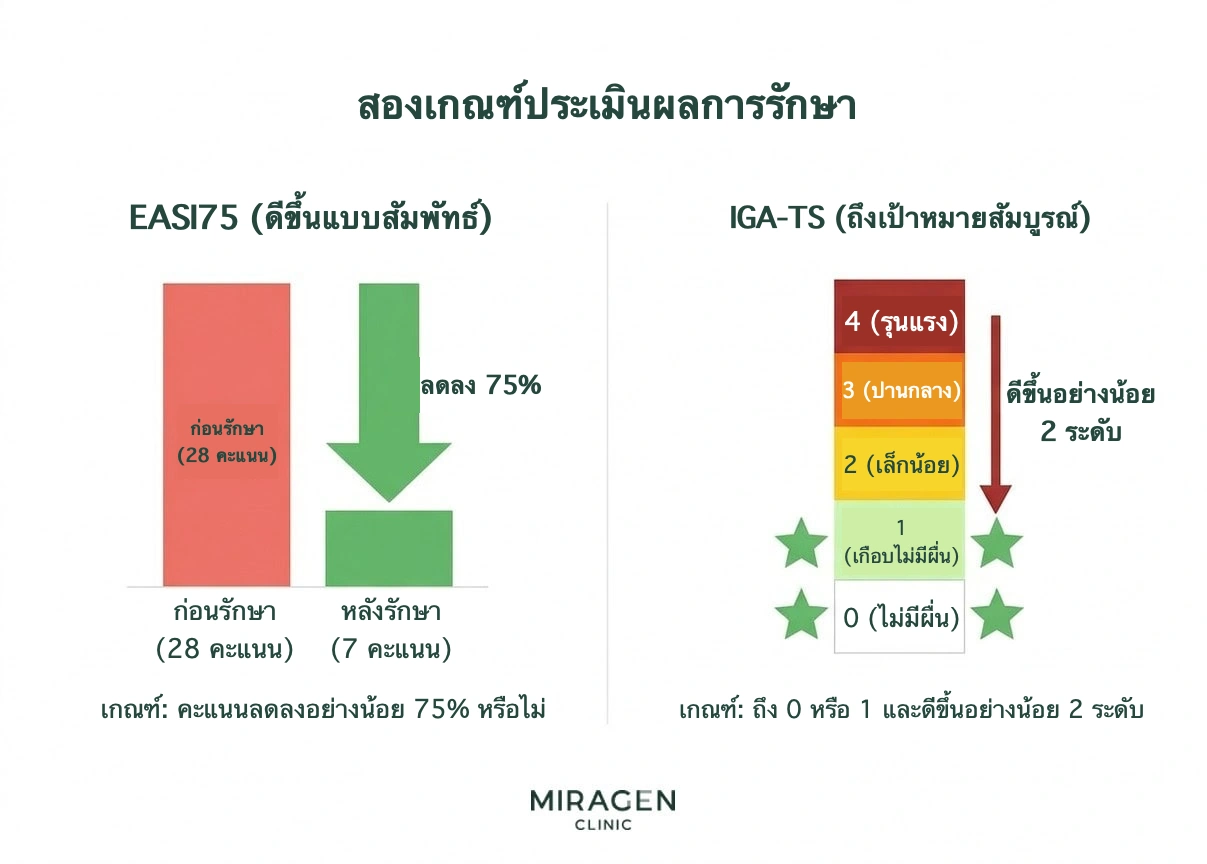 อินโฟกราฟิกเปรียบเทียบเกณฑ์ผลการรักษา EASI75 และ IGA-TS โดย EASI75 ดูคะแนนที่ลดลง 75% จากเดิม ส่วน IGA-TS ดูการไปถึงระดับเกือบไม่มีรอยโรค