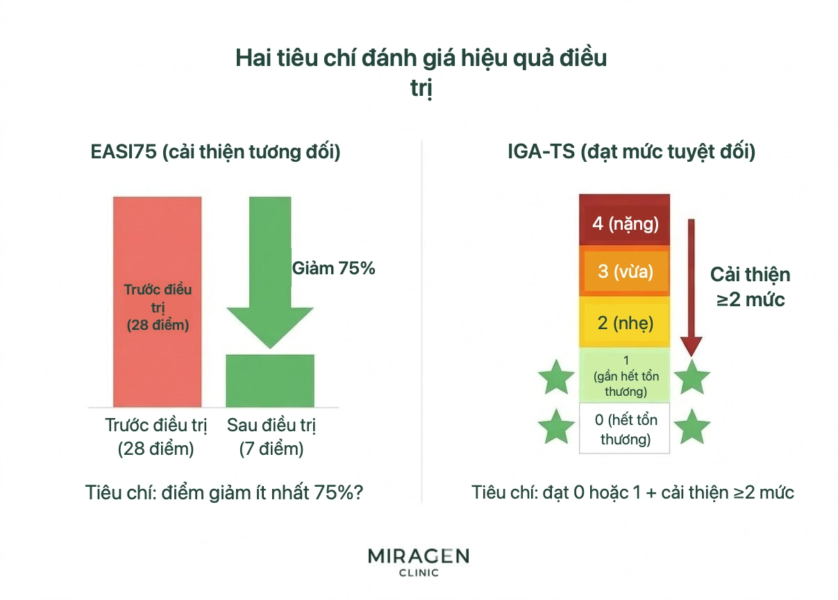 Đồ họa so sánh tiêu chí EASI75 là mức giảm tương đối 75% điểm EASI với IGA-TS là đạt tình trạng da sạch hoặc gần sạch theo ngưỡng tuyệt đối