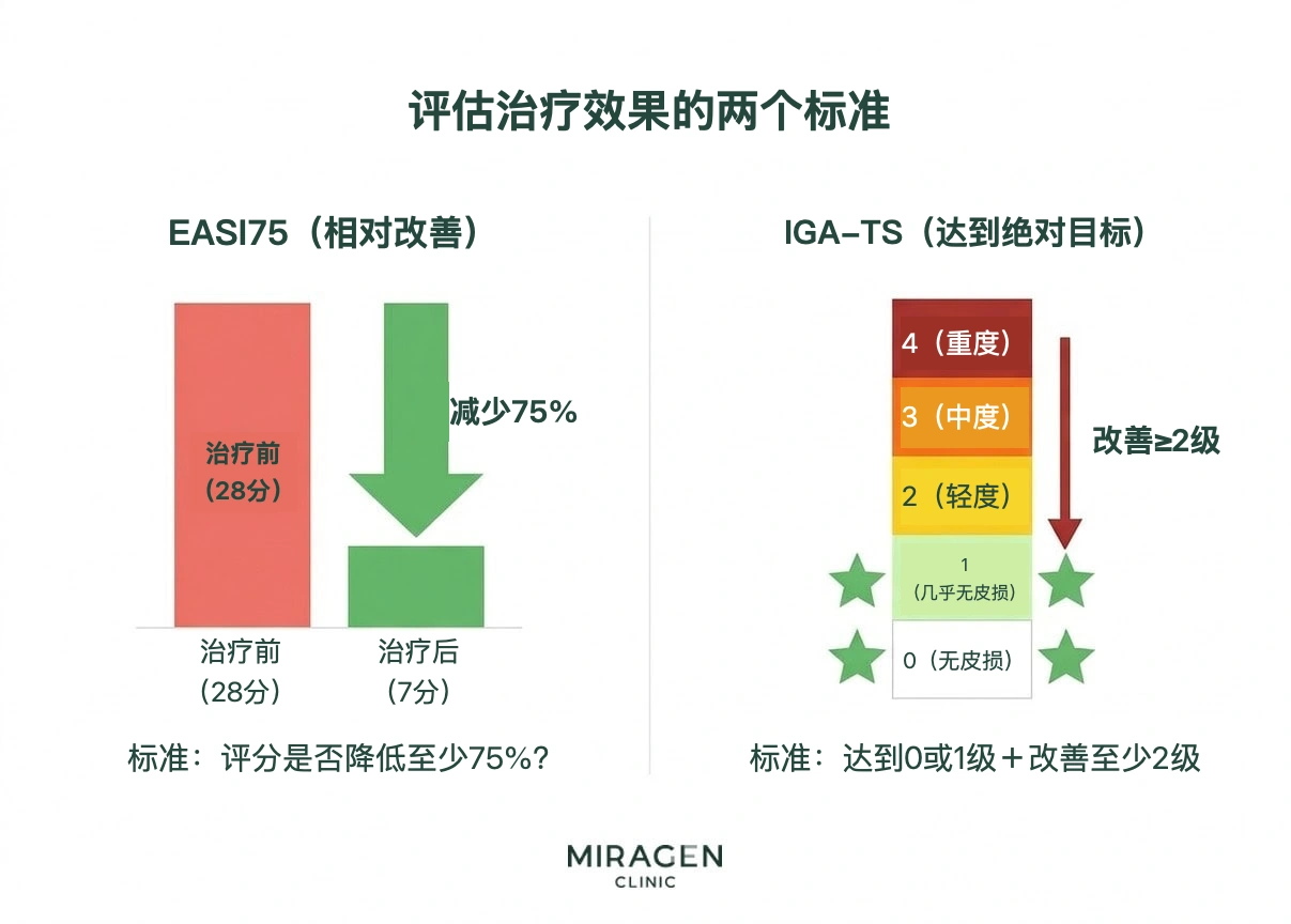 比较 EASI75 和 IGA-TS 治疗效果评估标准的信息图:EASI75 表示分数相对下降 75%,IGA-TS 表示达到几乎清除的绝对标准
