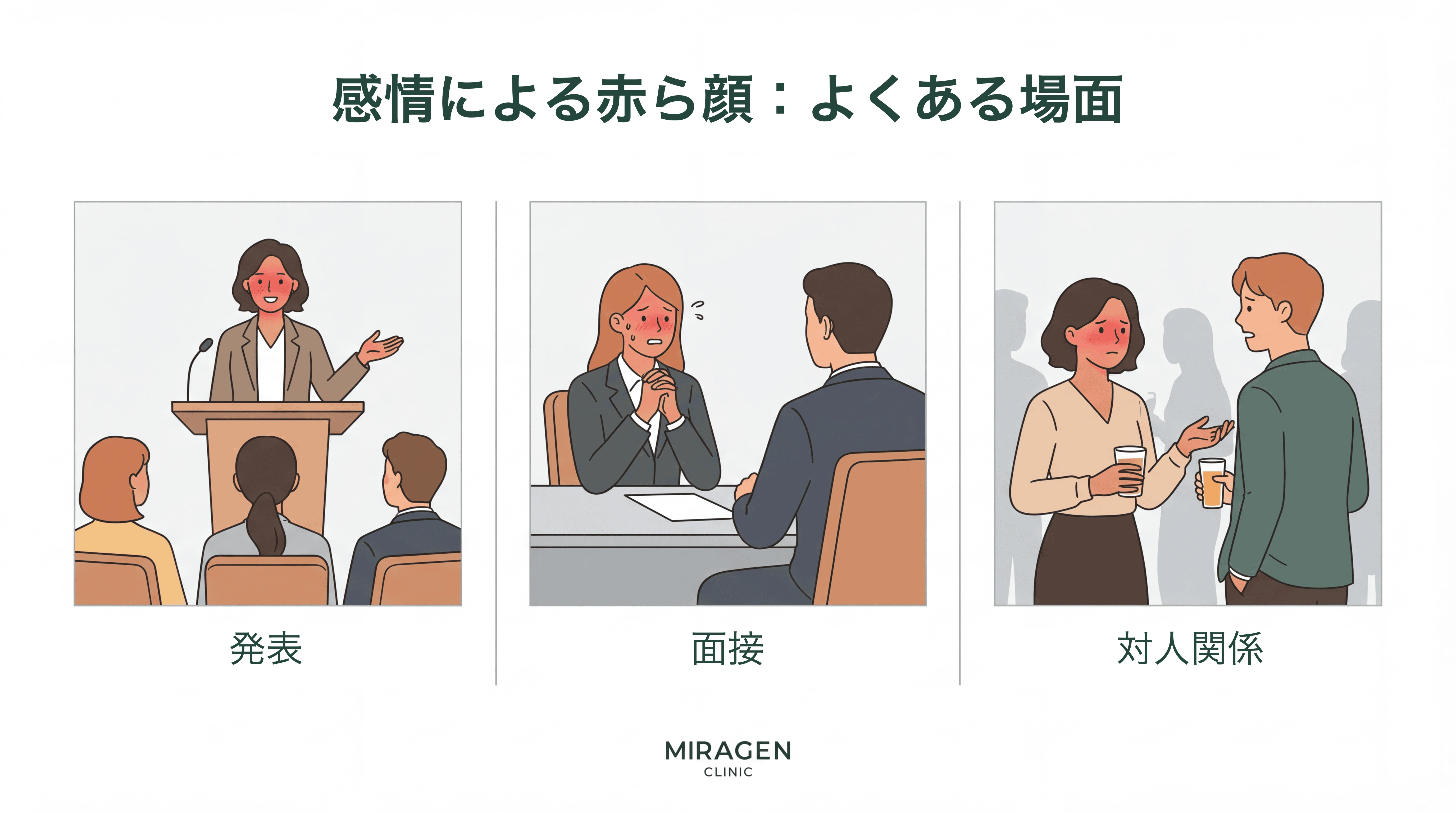 感情紅潮が発生する一般的な状況を示すイラスト。発表、面接、対人関係の状況で顔が赤くなる様子を3つのパネルで図式化。 