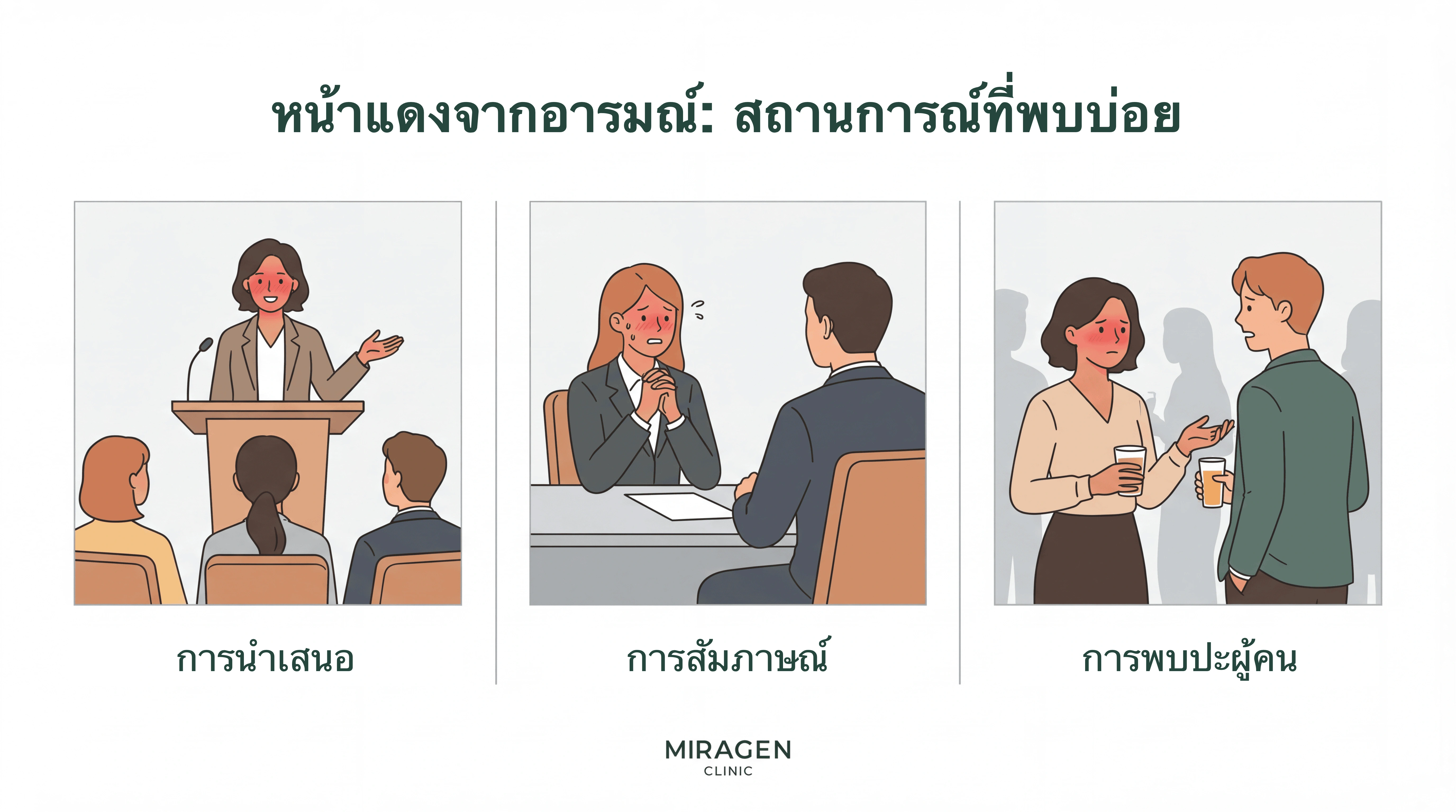ภาพสามช่องแสดงสถานการณ์ที่มักทำให้หน้าแดงจากอารมณ์ ได้แก่ การนำเสนอ การสัมภาษณ์ และการพบปะผู้คน