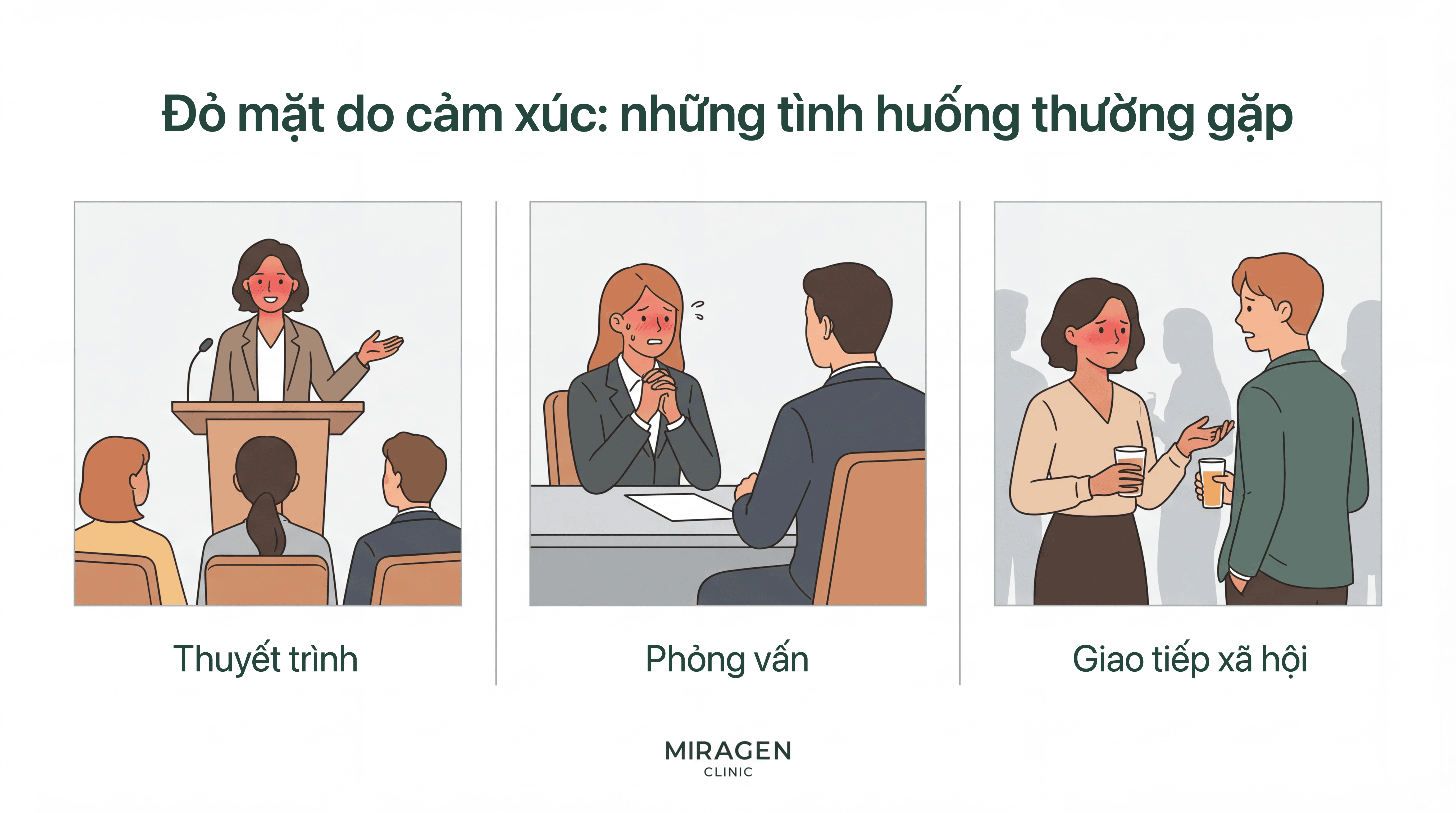 Minh họa ba tình huống thường gây đỏ bừng mặt do cảm xúc: thuyết trình, phỏng vấn và giao tiếp với người khác