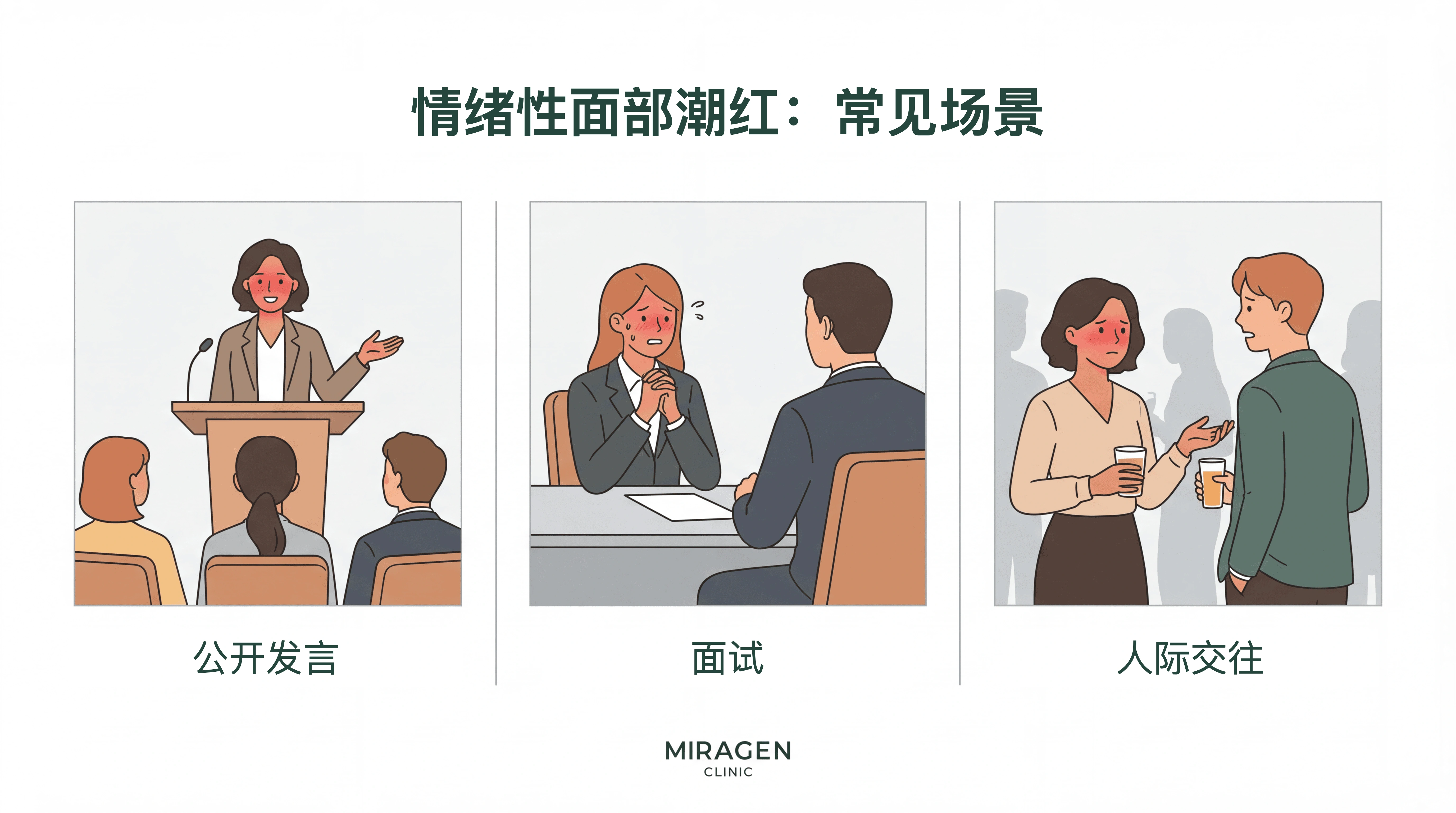 三联画示意图展示情绪性潮红的常见情境：演讲、面试和人际交往时面部发红