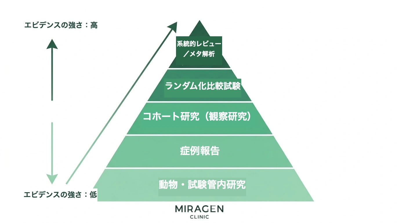 コホート研究、メタ分析、臨床試験、システマティックレビューを含む医学的根拠レベルをピラミッド形式で整理し、どの研究がより信頼できるかをひと目で示す階層図
