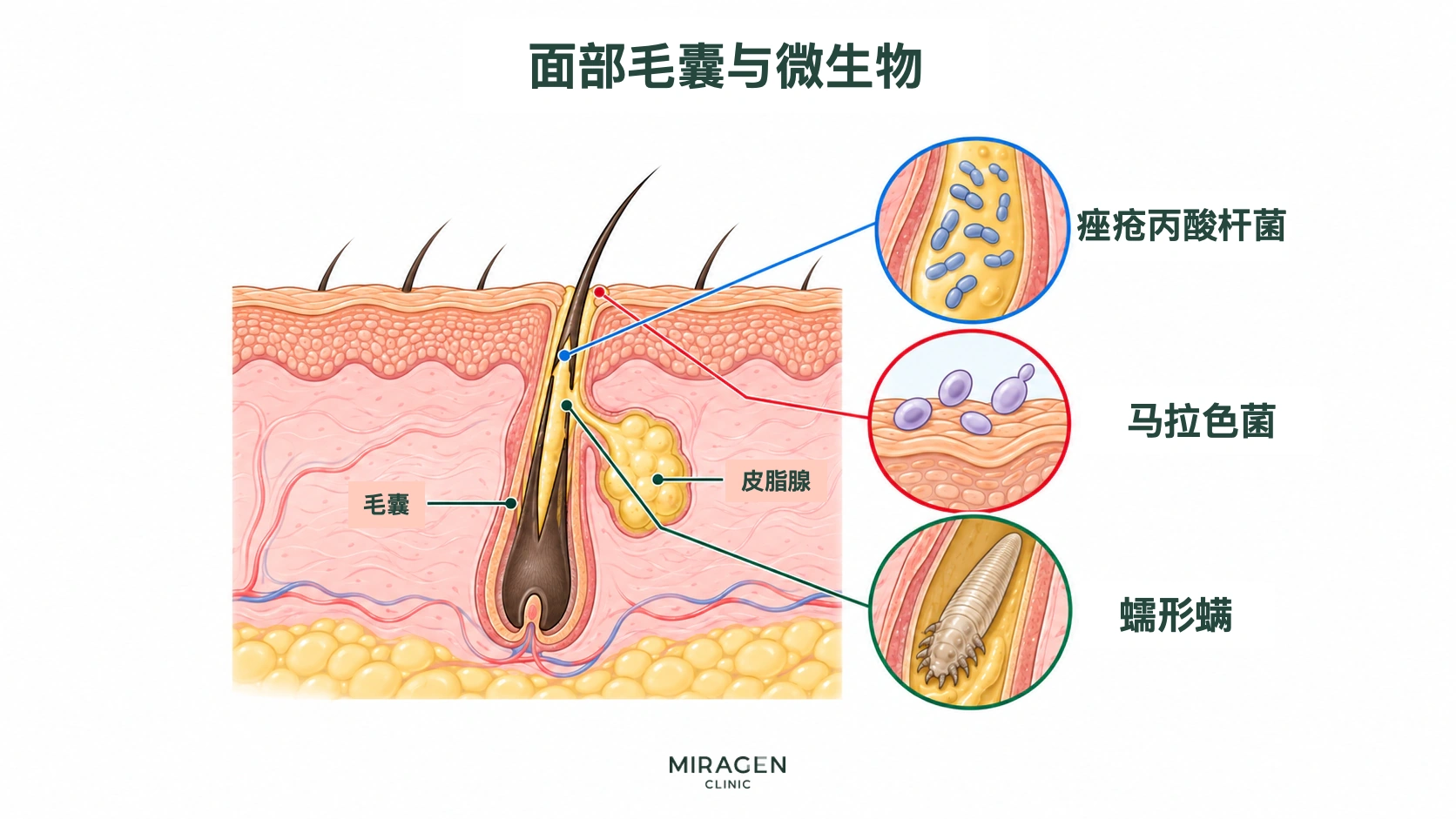 显示面部毛囊、皮脂腺,以及痤疮丙酸杆菌、马拉色菌和蠕形螨的放大结构示意图