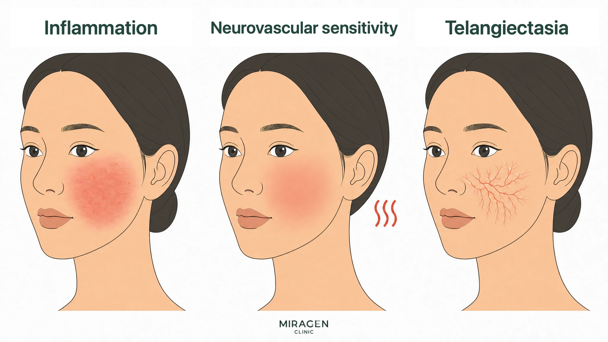 Medical illustration comparing the three causes of flushing—inflammation, neurovascular hypersensitivity, and telangiectasia—on the same face